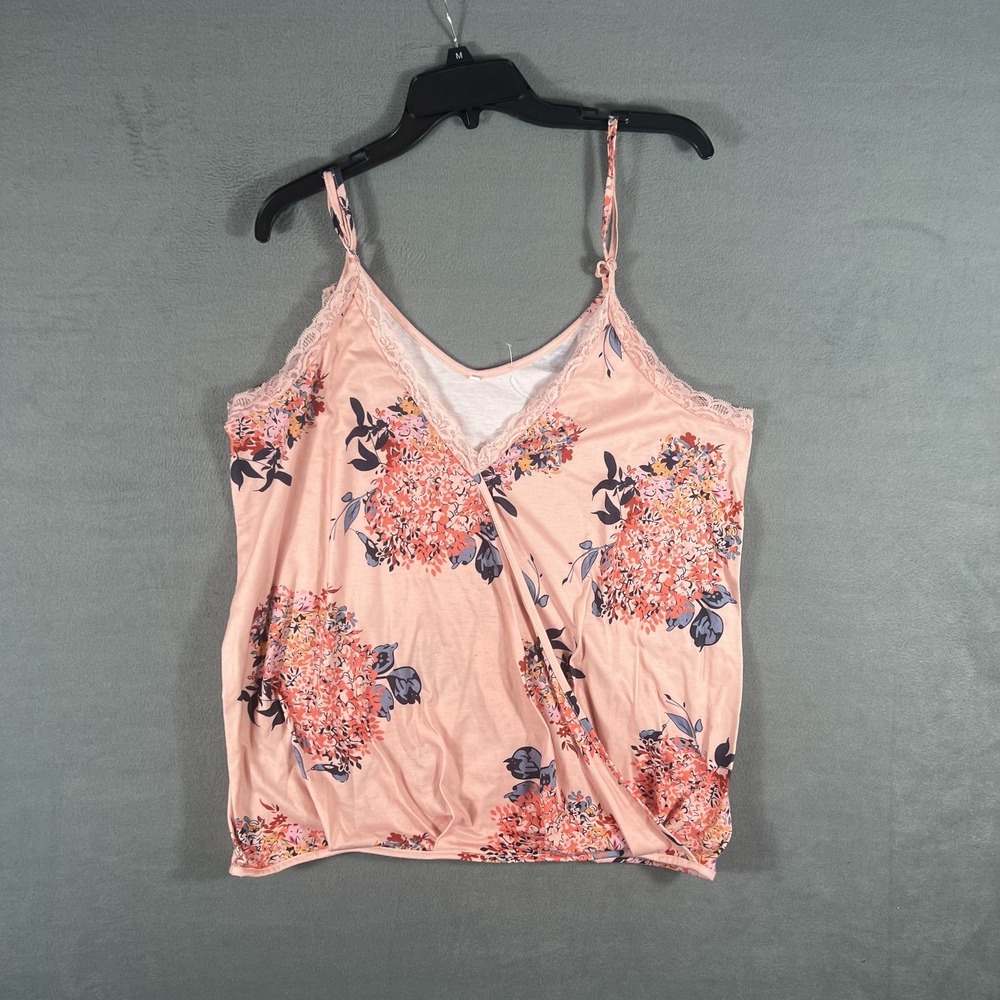 Women's Floral Lace Trim Cami Tank Top Pink XL Adjustable Straps Stretch Knit